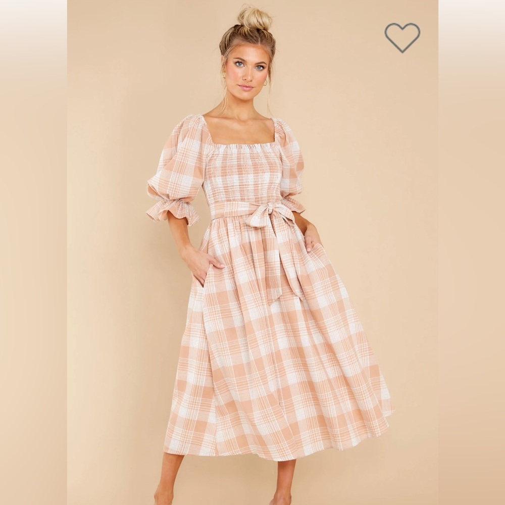Red dress boutique peach plaid midi